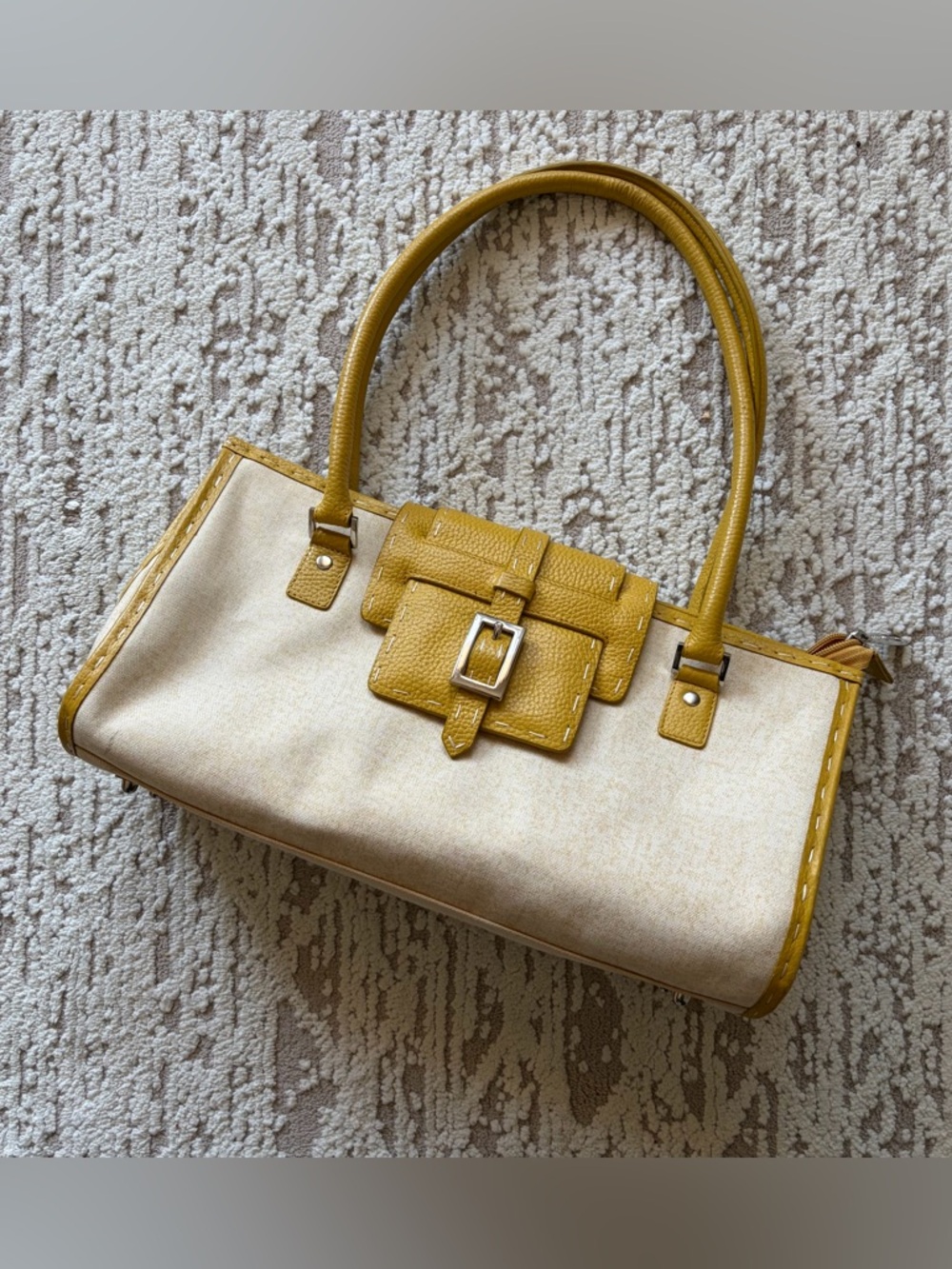 BCBGMaxAzria Cream Canvas Shoulder Bag with Mustard Yellow Leather Trim